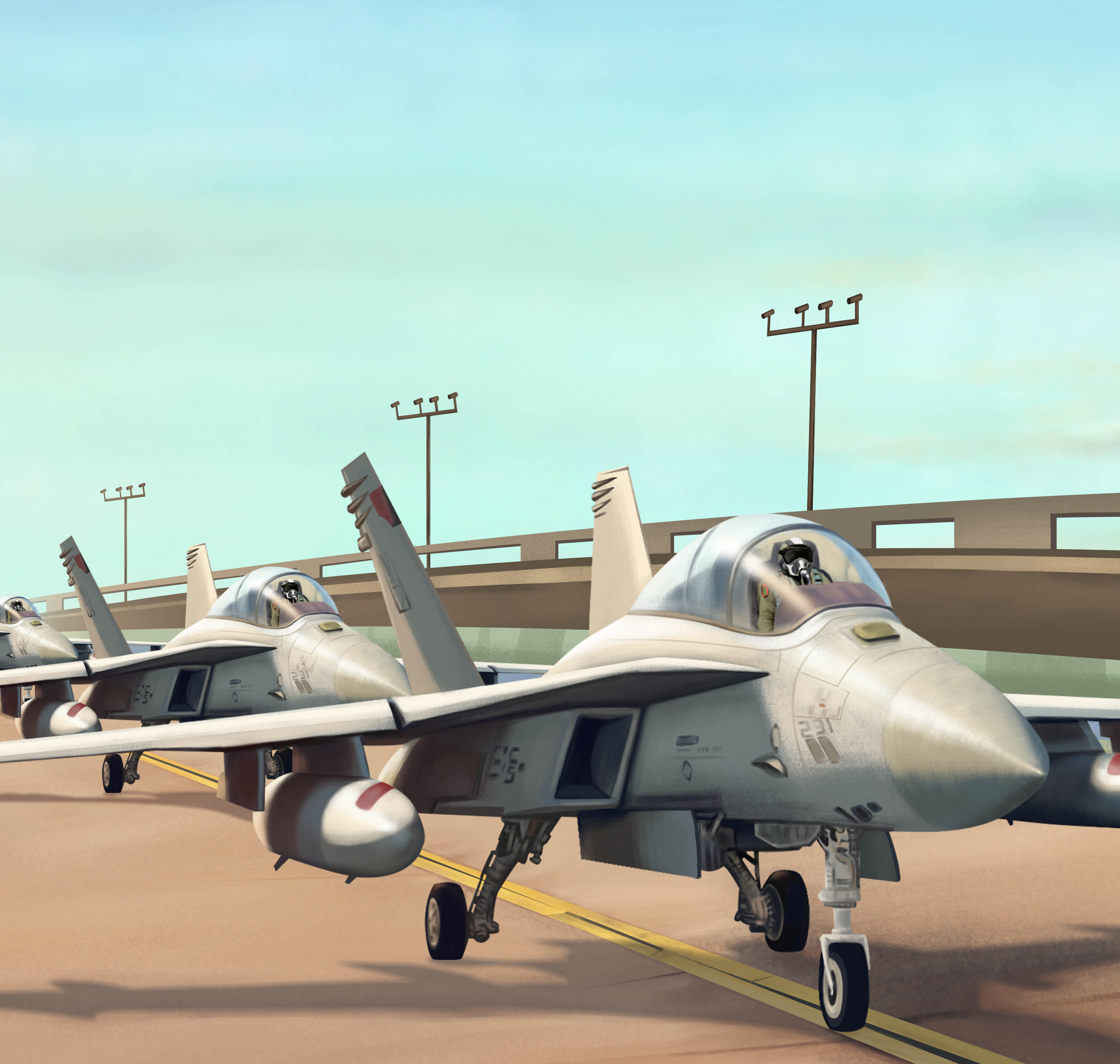 Three Navy F-18 fighter jets holding short of the runway