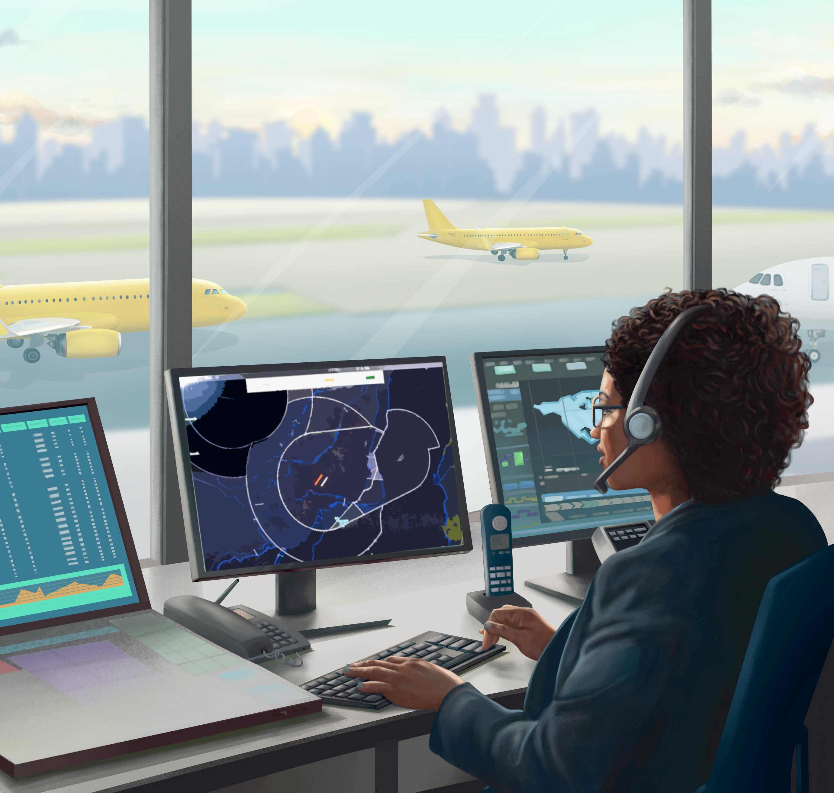 Air traffic controller monitoring radar with airliners taxiing outside the tower