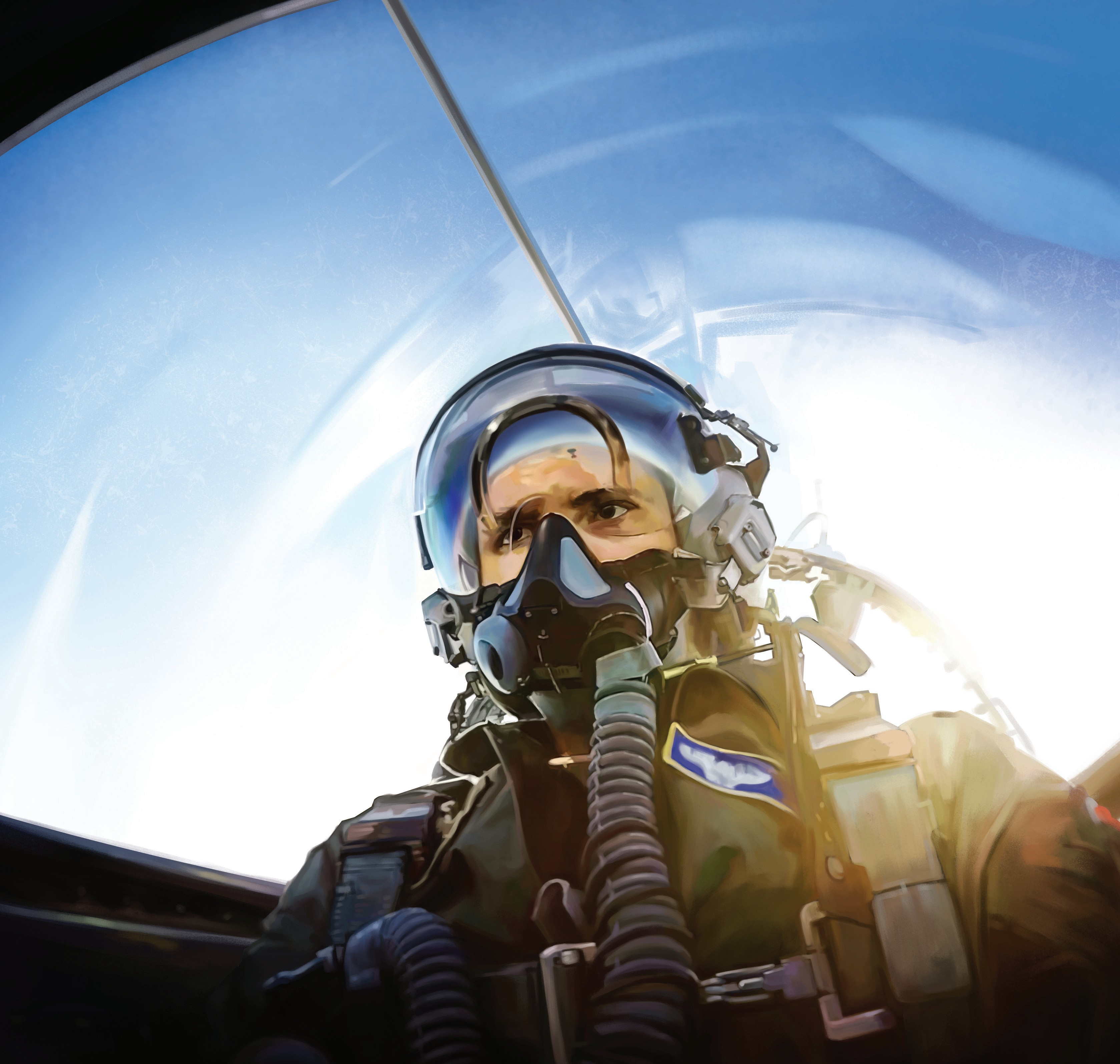 Navy pilot in flight helmet and oxygen mask under the canopy