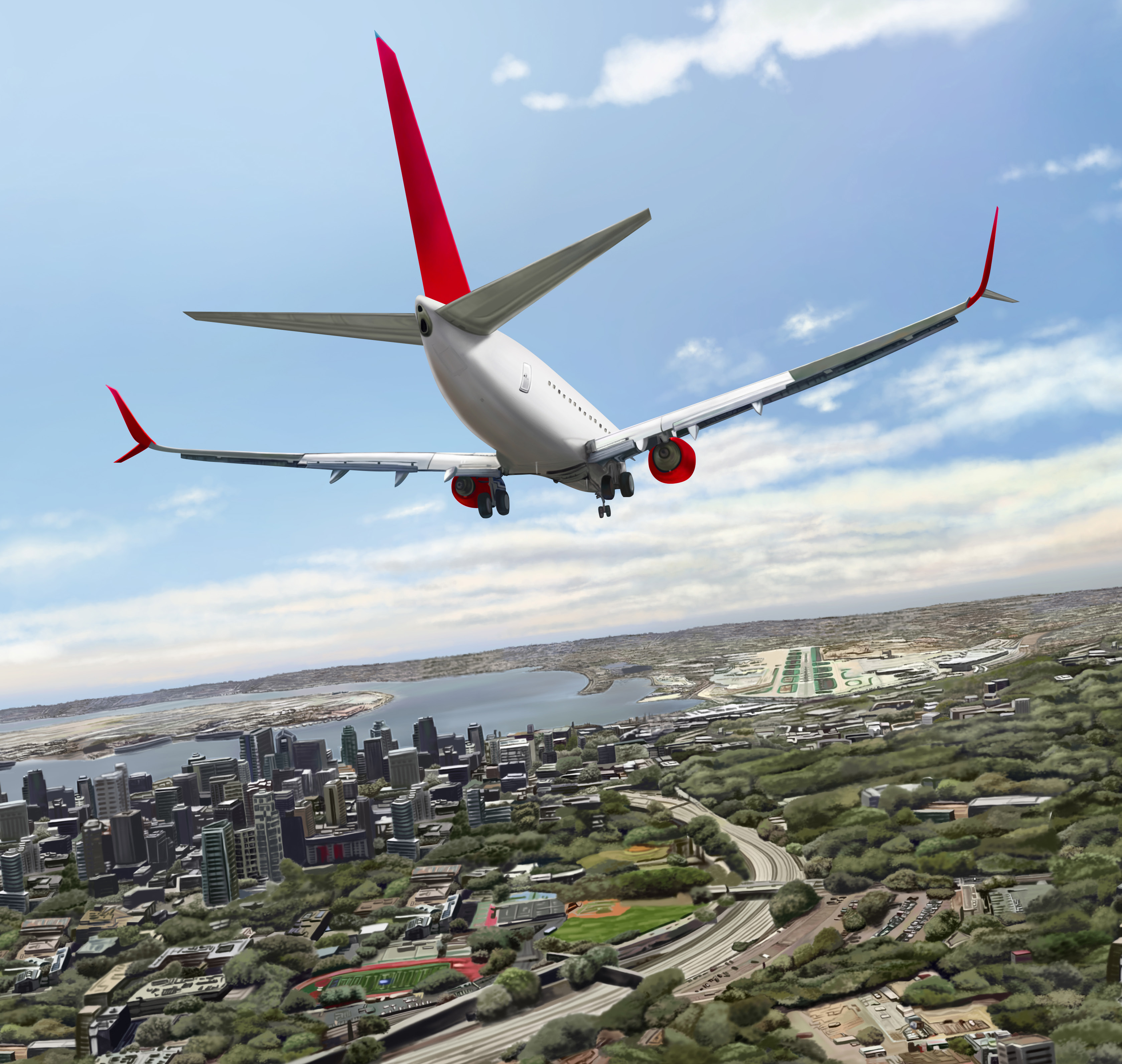 Airliner on final approach over a coastal city